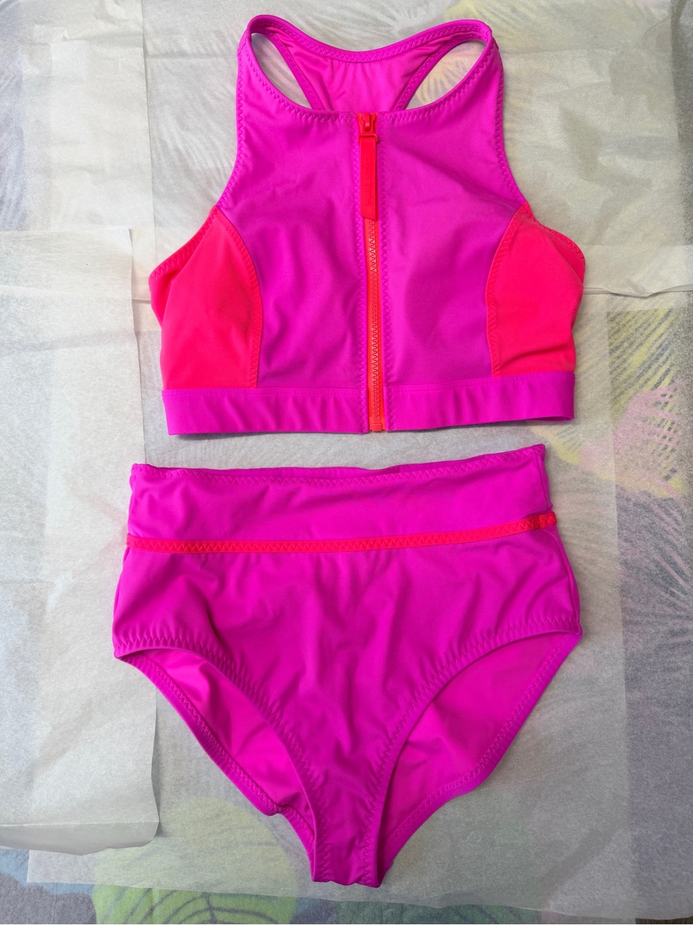 Women’s High-Neck Front-Zip Bikini Set in Bright Pink